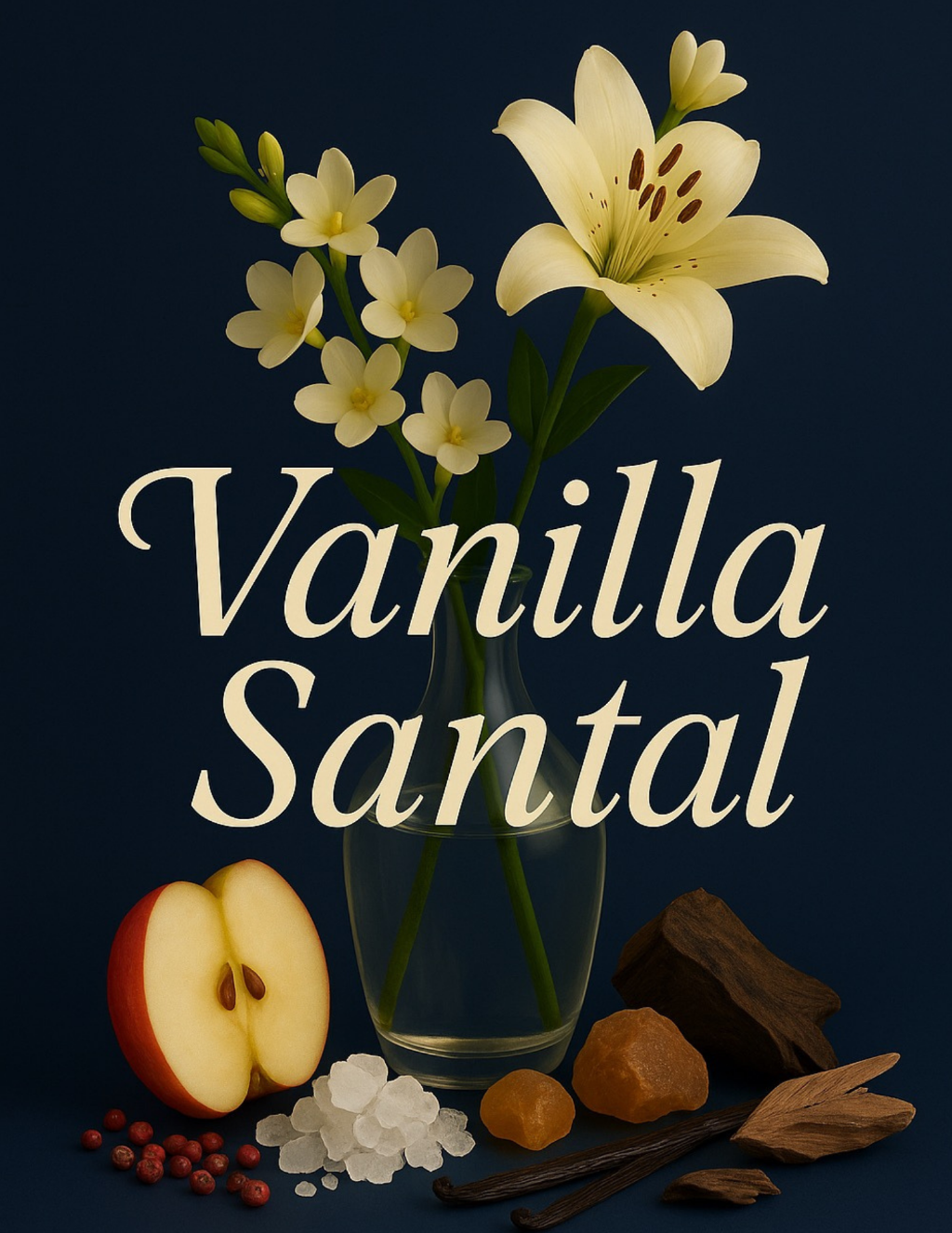 Vanilla Santal fragrance with flowers, apples, and spices on a dark background