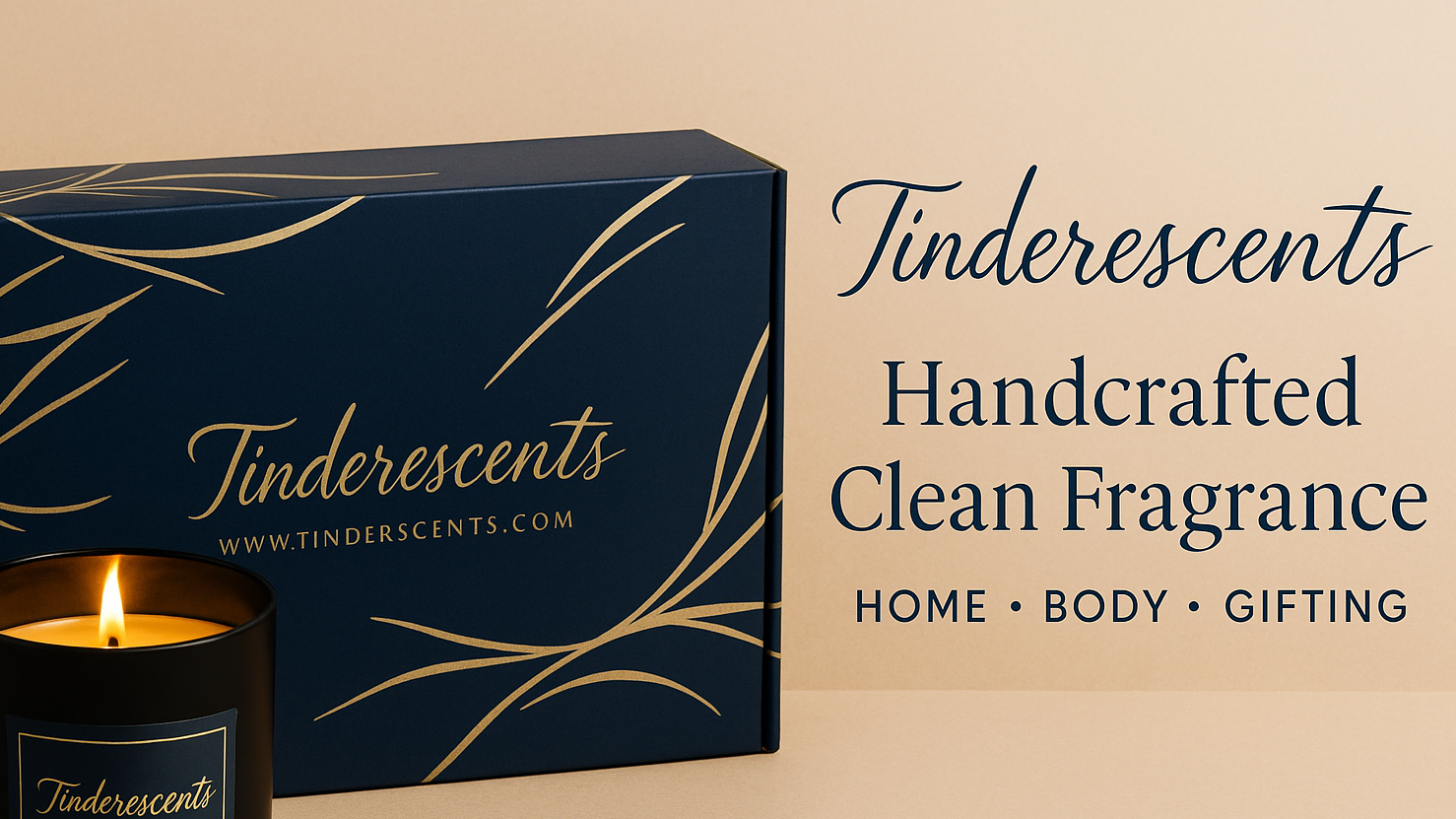 Tinderescents candle box with a lit candle on a beige background